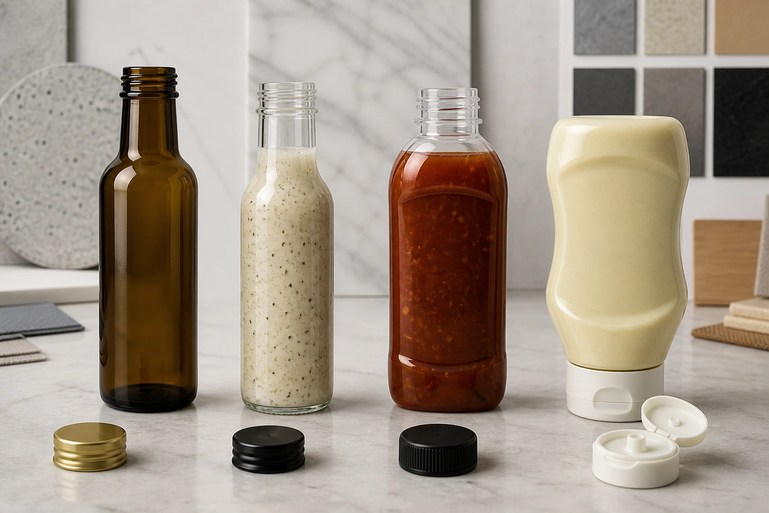 Vergleich von brauner und klarer Glasflasche, transparenter PET-Flasche und flexibler Kopfstandflasche für Premium-Saucen