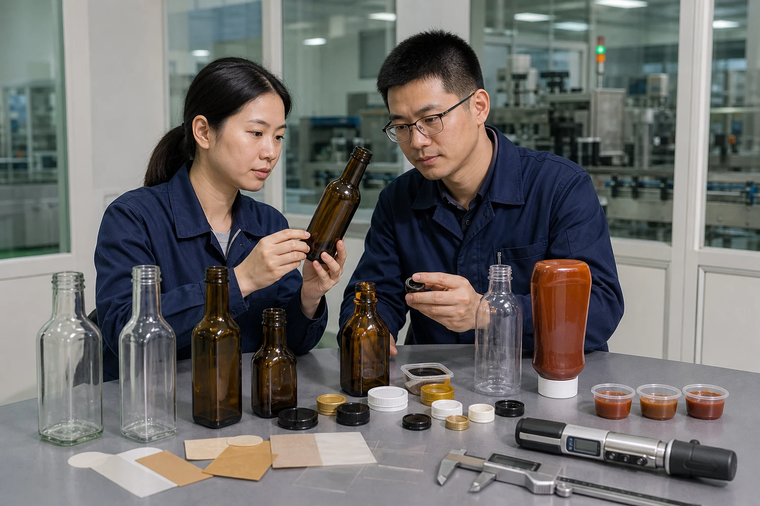 Chinesische Verpackungstechniker prüfen Flaschenformen, Verschlüsse, Etikettenmaterial und Dosierung für eine Gourmet-Saucenmarke