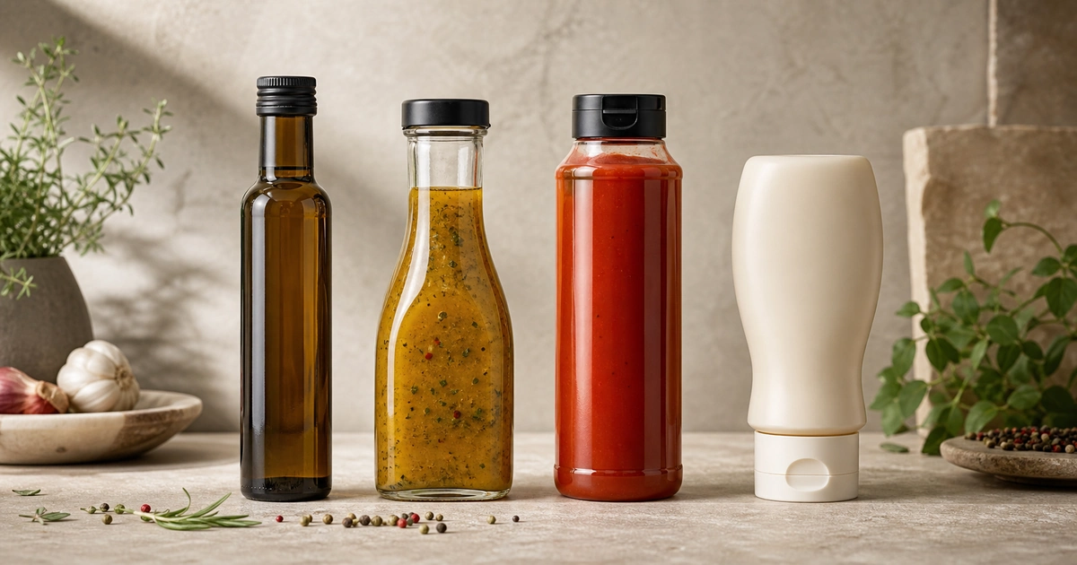 Premium-Saucenflaschen aus braunem und klarem Glas, transparentem PET und flexiblem PE für Bio- und Gourmetmarken
