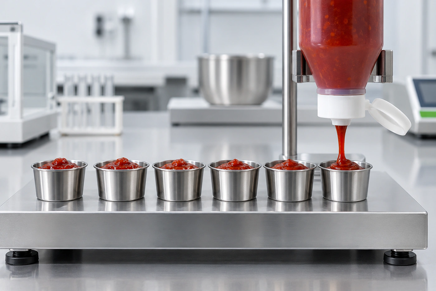 Gravimetrischer Vergleich mehrerer Portionen dickflüssiger Chilisauce