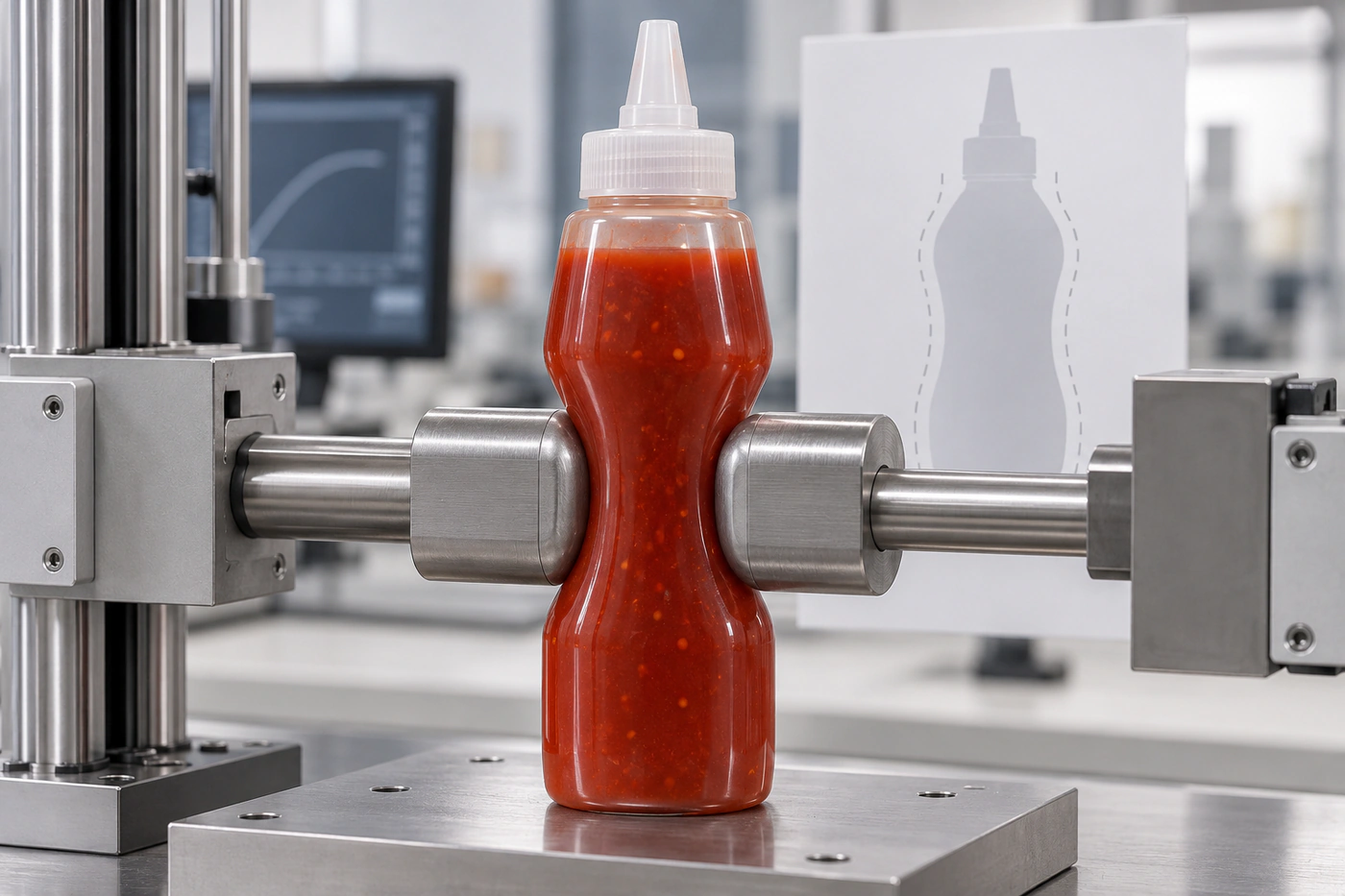 Seitlicher Kraft-Weg-Versuch an einer mit Chilisauce gefüllten Quetschflasche