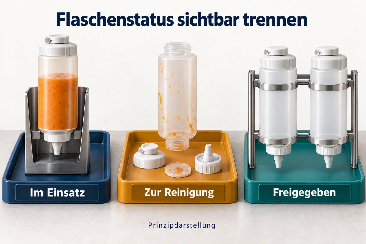 Prinzipdarstellung getrennter Bereiche für eingesetzte, zu reinigende und freigegebene FIFO-Flaschen