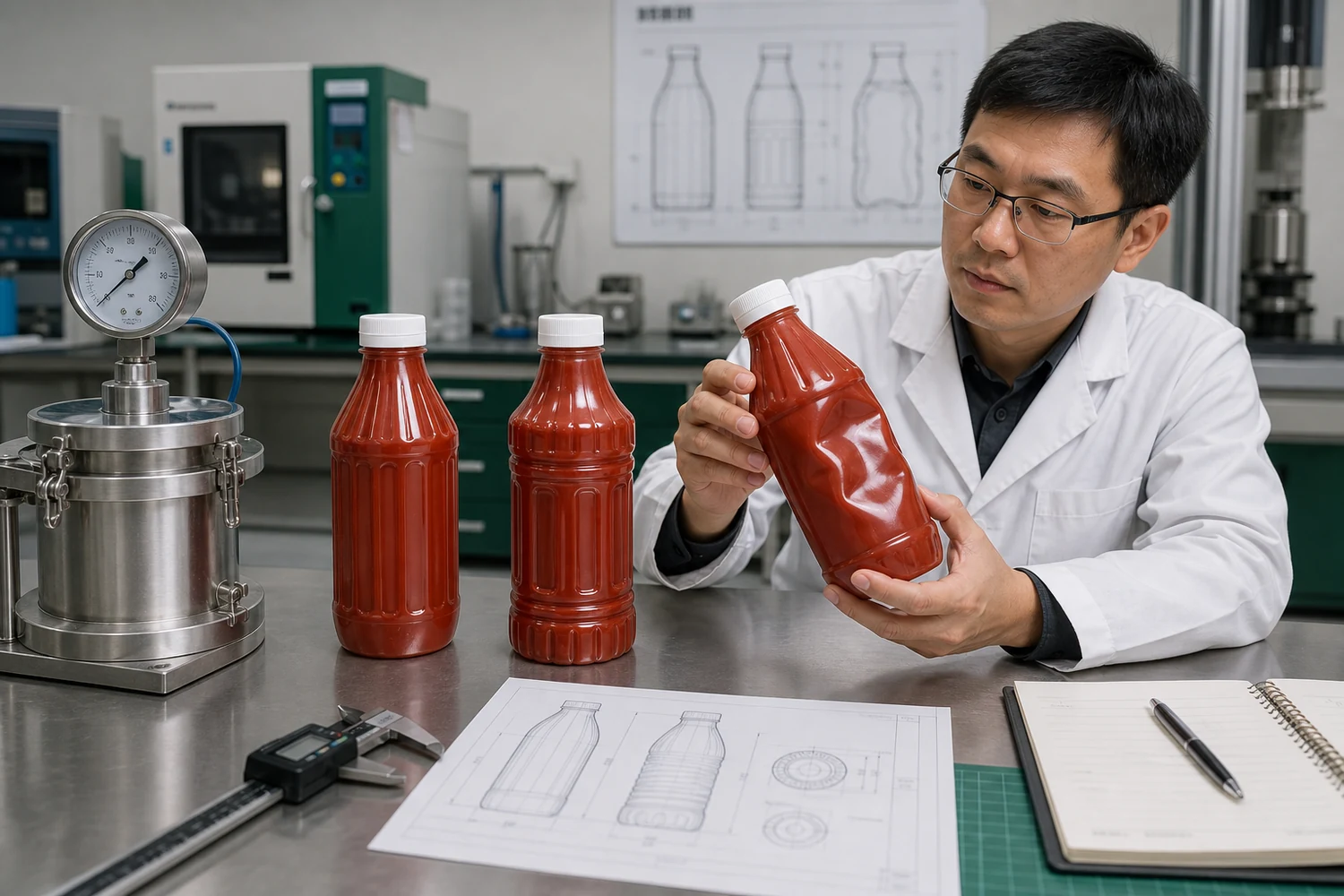 Chinesischer Verpackungstechniker prüft Vakuumverformung, Flaschenboden und Paneele einer Saucenflasche