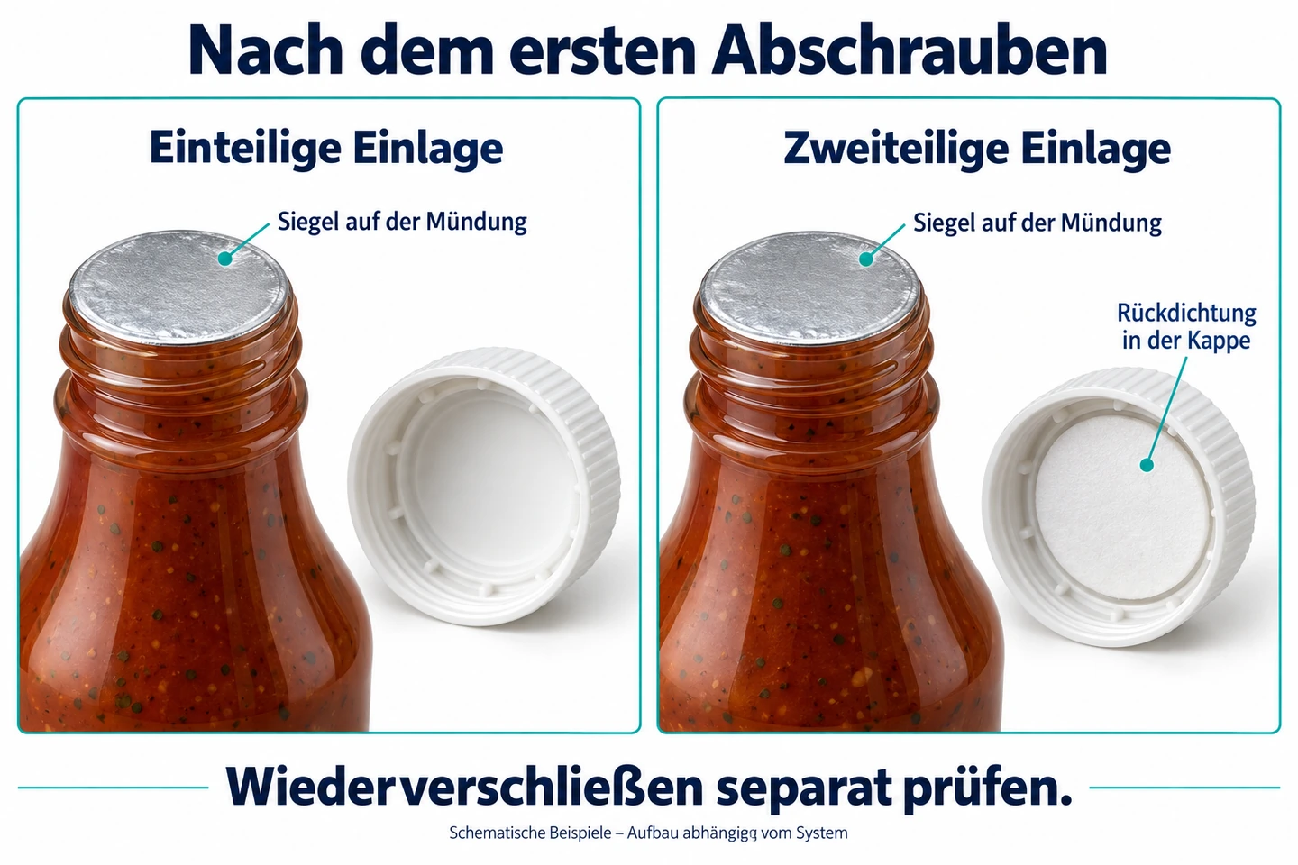 Schematische Beispiele einteiliger und zweiteiliger Induktionseinlagen nach dem ersten Abschrauben der Kappe