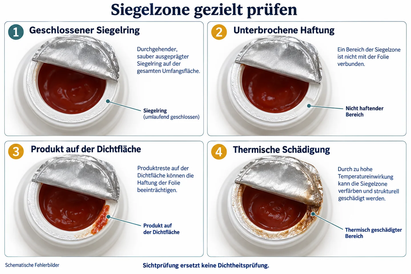 Schematische Siegelbilder mit geschlossenem Siegelring, unterbrochener Haftung, Produktresten und thermischer Schädigung