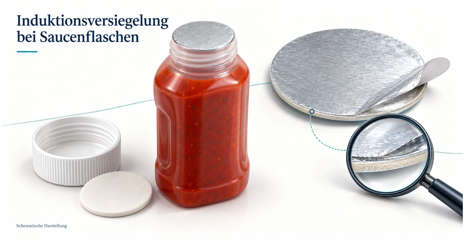 Schematische Darstellung einer Saucenflasche mit Induktionssiegel, Schraubkappe und separater Dichteinlage