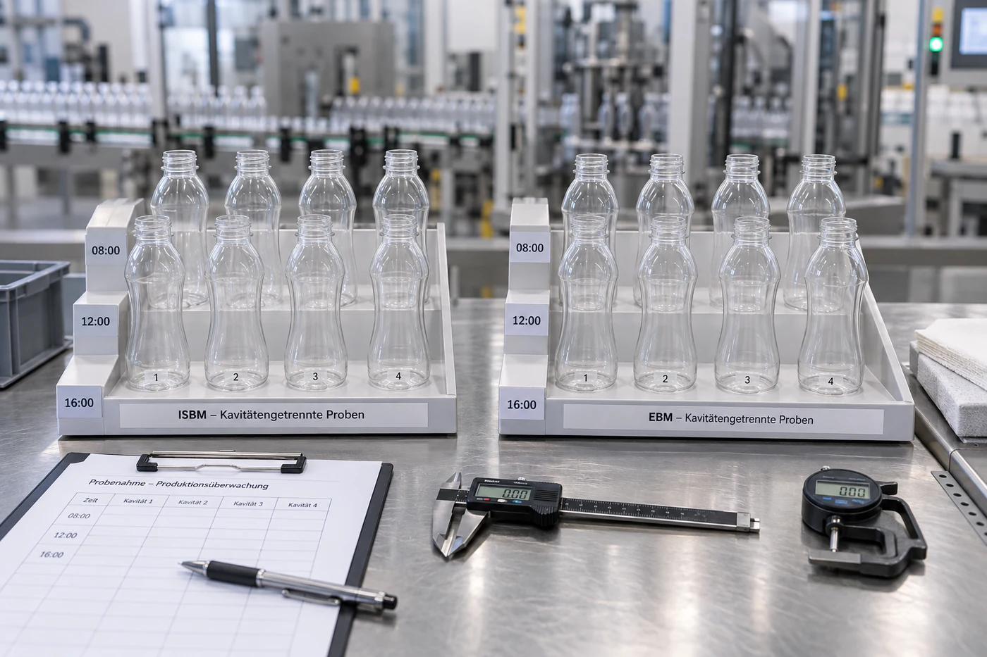 Nach ISBM- und EBM-Quelle sowie Produktionszeit getrennte Kunststoffflaschenproben