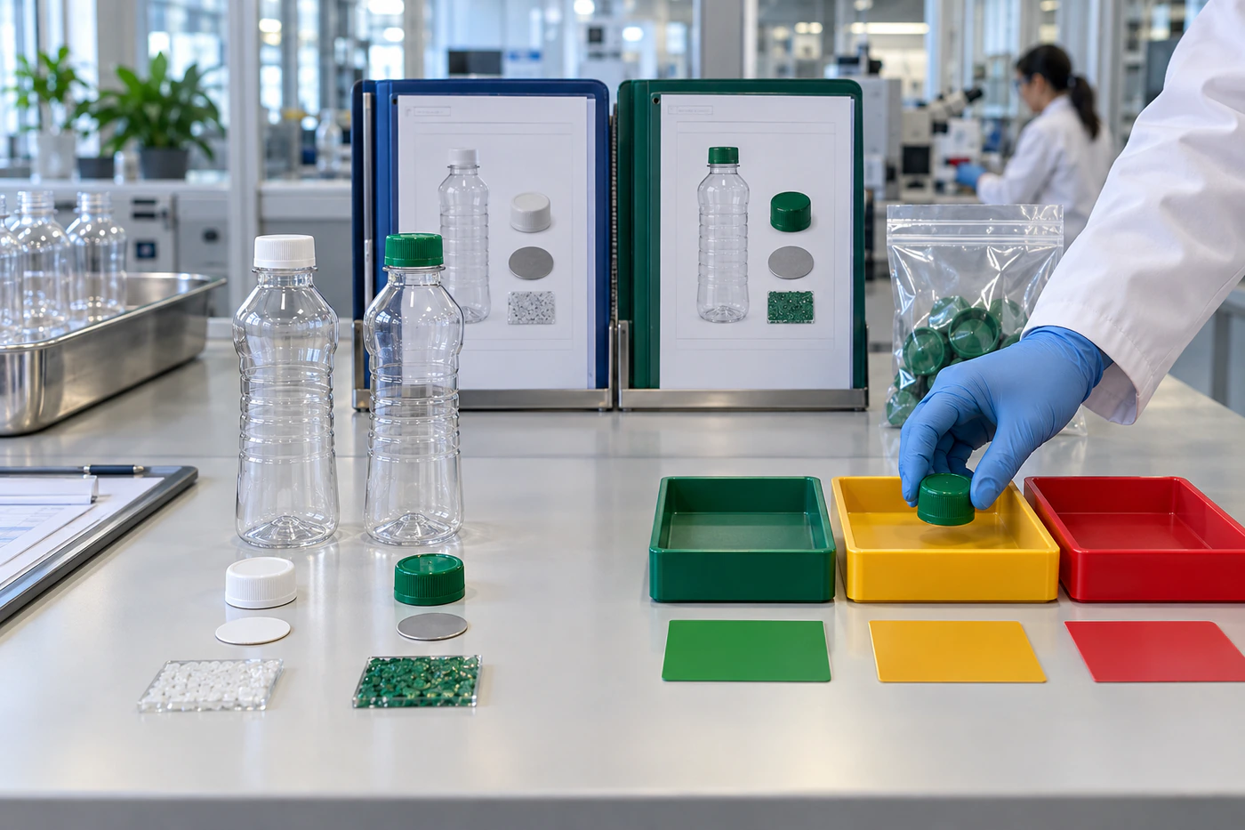 Zwei Verpackungsausführungen mit Flaschen, Verschlüssen und Materialmustern bei der Änderungsfreigabe