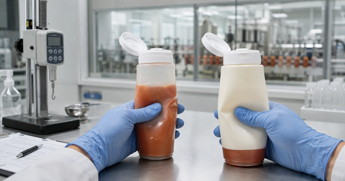 Gefüllte LDPE- und HDPE-Saucen-Quetschflaschen bei einer vergleichenden Druckprüfung im Verpackungslabor