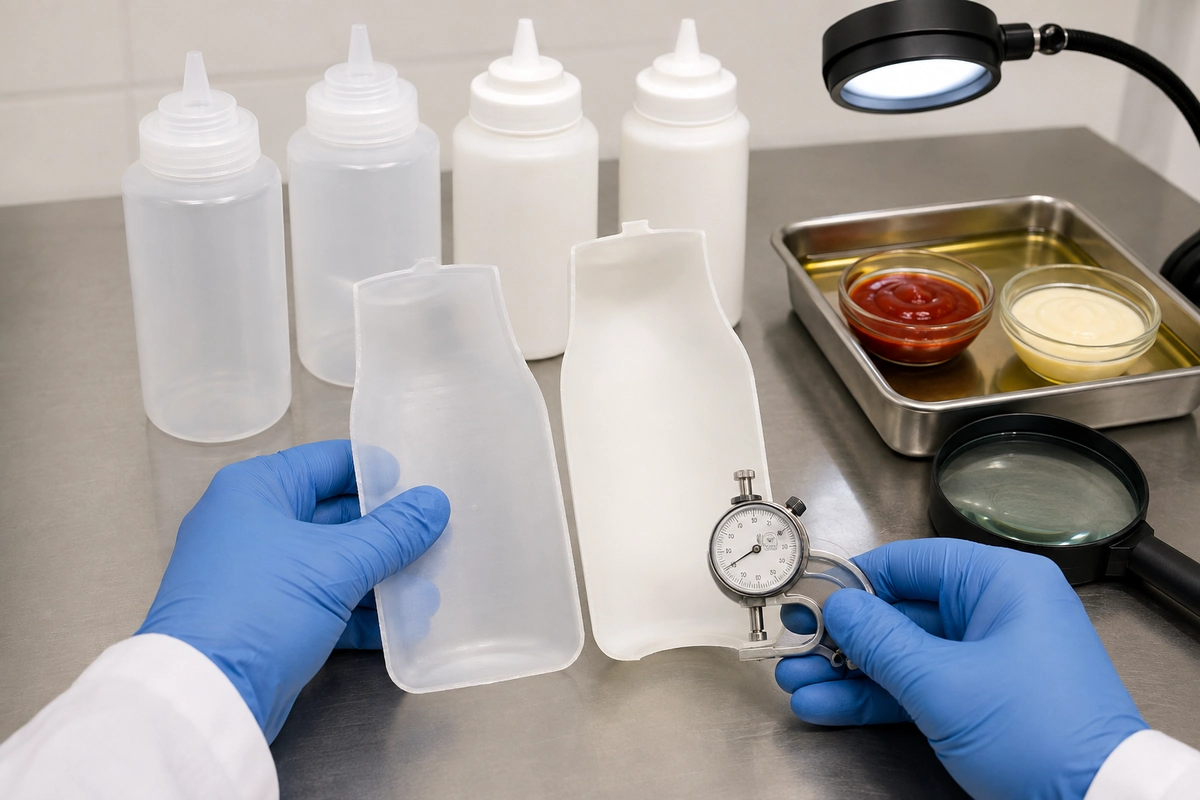 Messung der Wanddicke an aufgeschnittenen LDPE- und HDPE-Flaschen neben realen Saucenproben