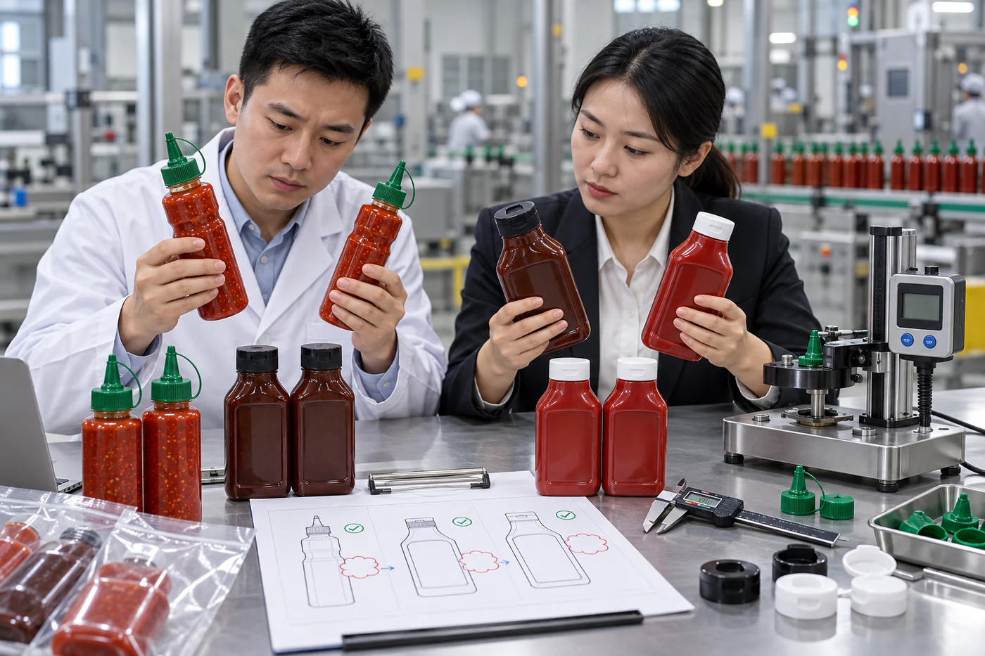 Qualitätsprüfung und dokumentierte Änderungsfreigabe für Chilisaucenflasche, Dosierverschluss und Freigabemuster