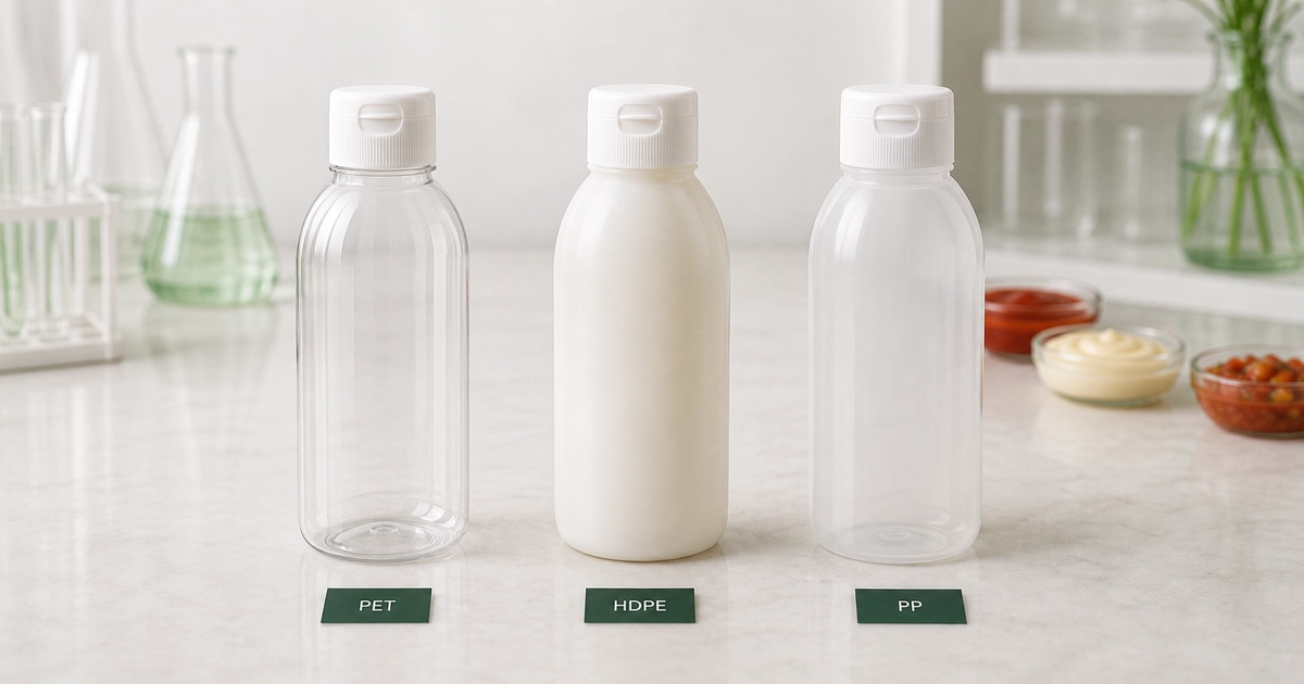 Illustrativer Vergleich einer klaren PET-, einer milchigen HDPE- und einer durchscheinenden PP-Saucenflasche