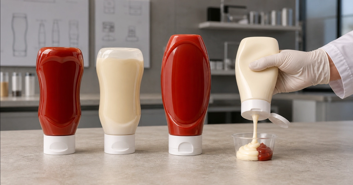 Kopfstehende Quetschflaschen für Ketchup und Mayonnaise mit kontrollierter Dosierung und geringer Restmenge