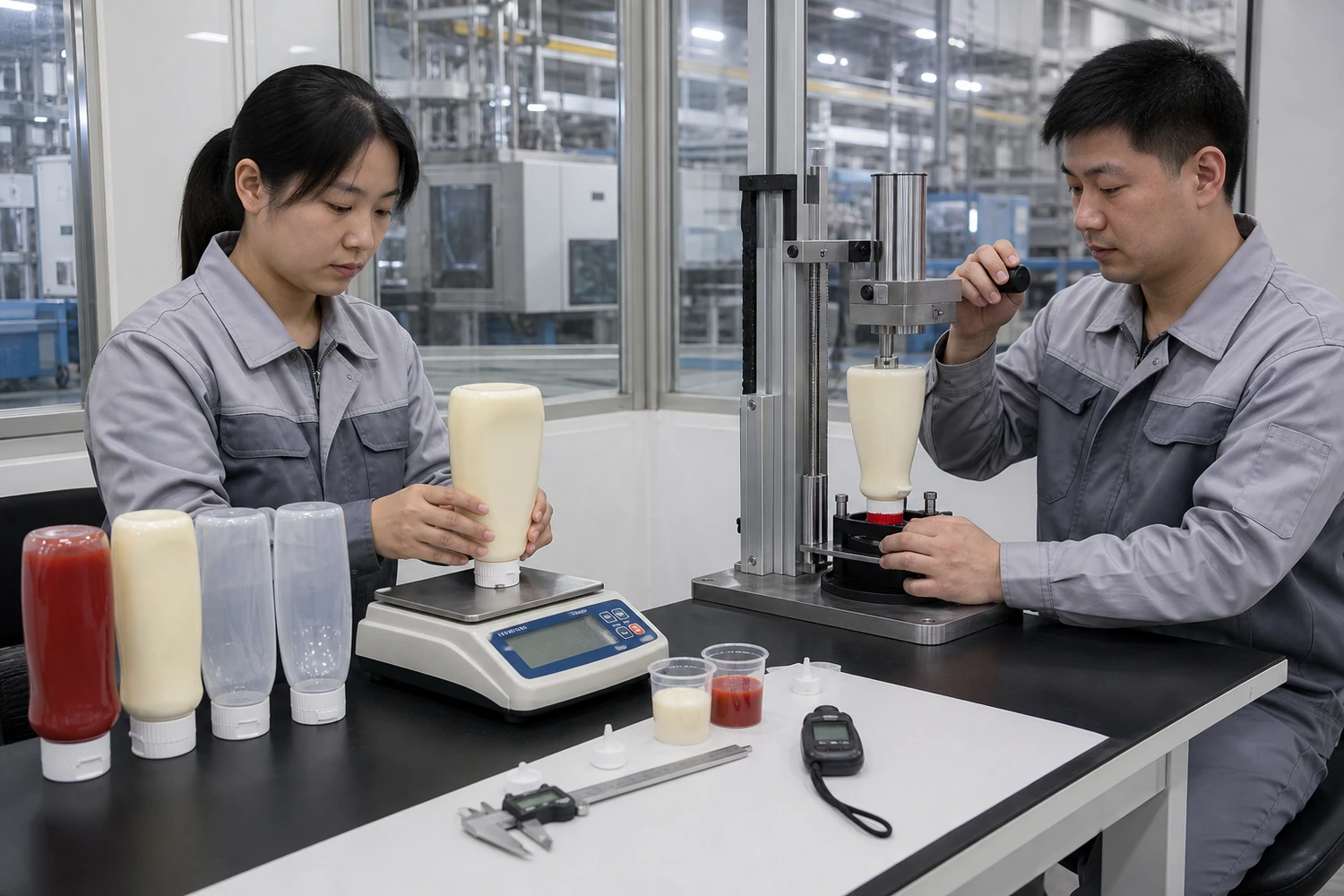 Chinesische Verpackungstechniker messen Restmenge, Quetschkraft und Ventilfunktion von Ketchup- und Mayonnaiseflaschen