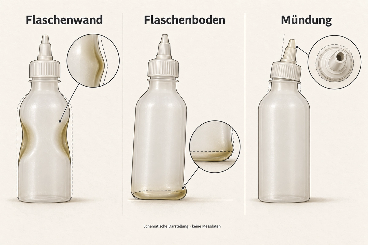 Schematische Fehlerbilder an Seitenwand, Flaschenboden und Mündung mit markierten Referenzkonturen