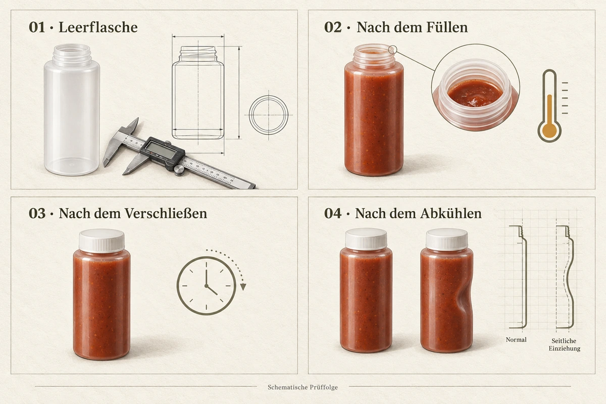 Schematische Prüffolge von der Leerflasche über Befüllen und Verschließen bis zur Konturprüfung nach dem Abkühlen