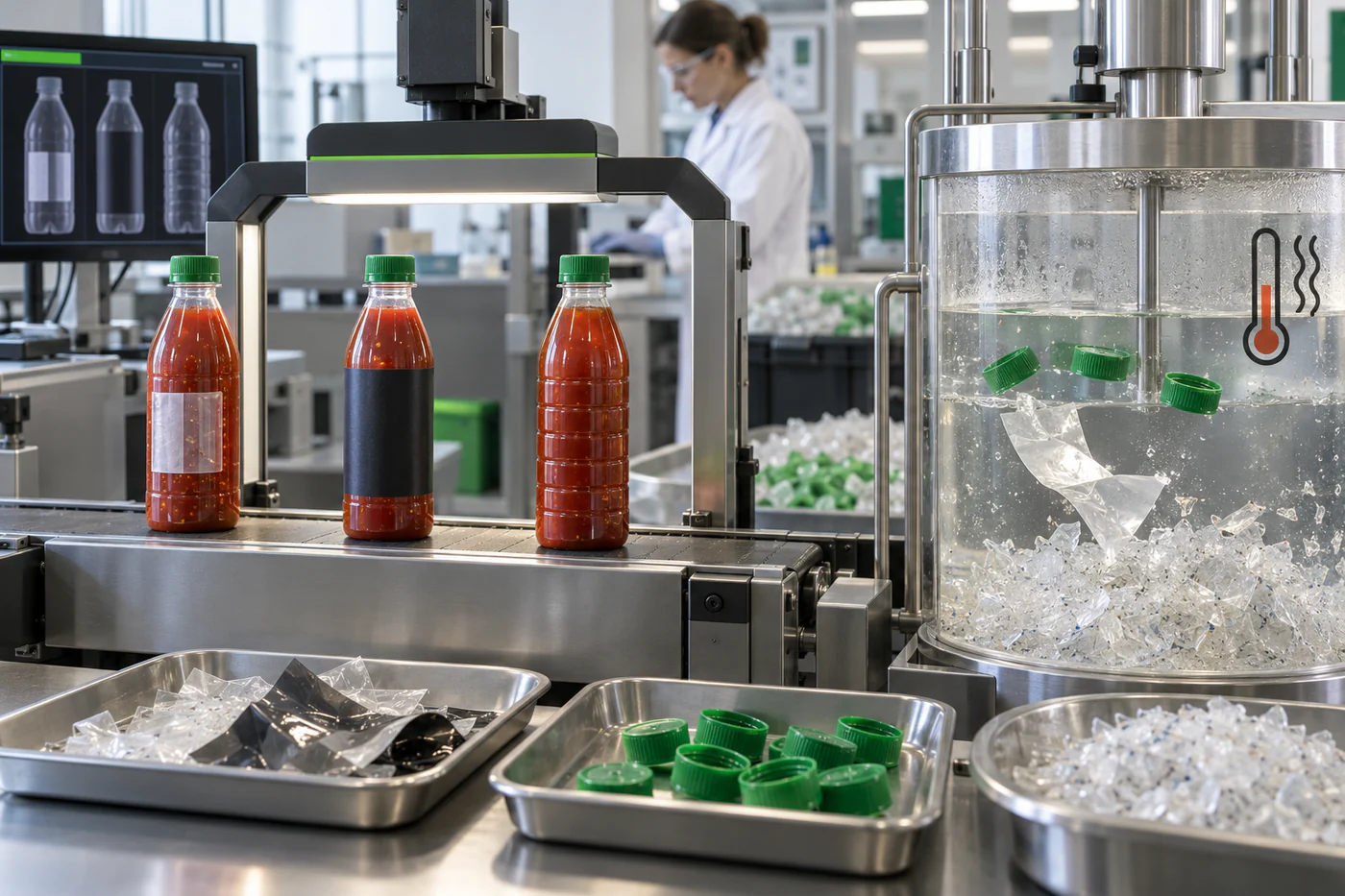 PET-Chilisaucenflaschen bei optischer Sortierprüfung und Trennung von Etikett, Verschluss und PET-Flakes