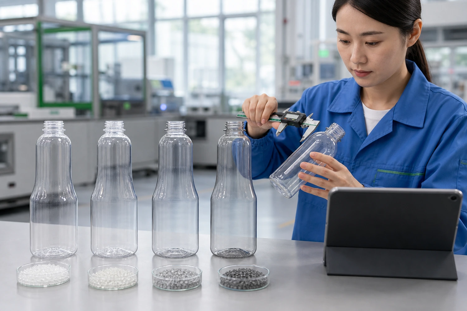 Vergleich transparenter PET-Saucenflaschen und Materialproben bei der Qualitätsprüfung