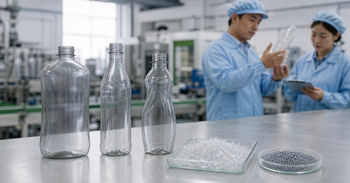 rPET-Saucenflaschen, PET-Rezyklat und Qualitätsprüfung in einer chinesischen Verpackungsfabrik