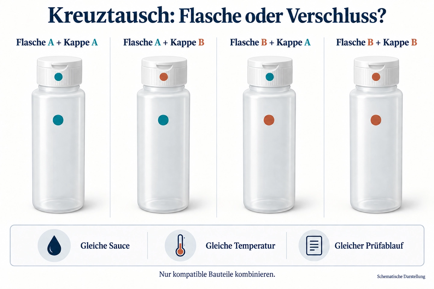 Vier Kombinationen aus Flasche A oder B und Kappe A oder B für einen kontrollierten Kreuztausch kompatibler Bauteile