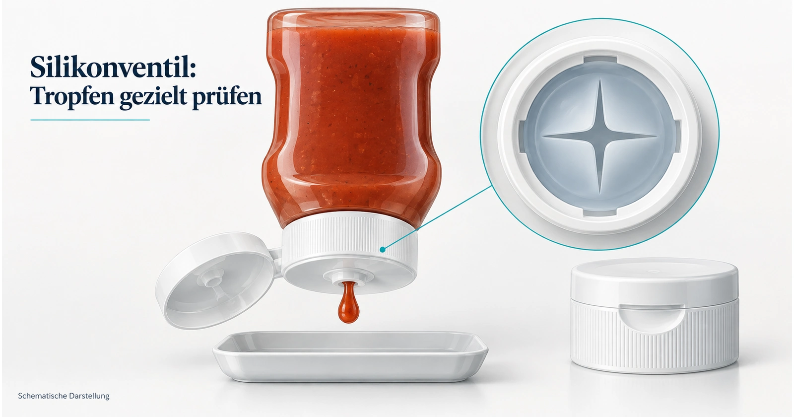 Schematische Darstellung einer tropfenden Saucenflasche mit vergrößertem Silikon-Kreuzschlitzventil