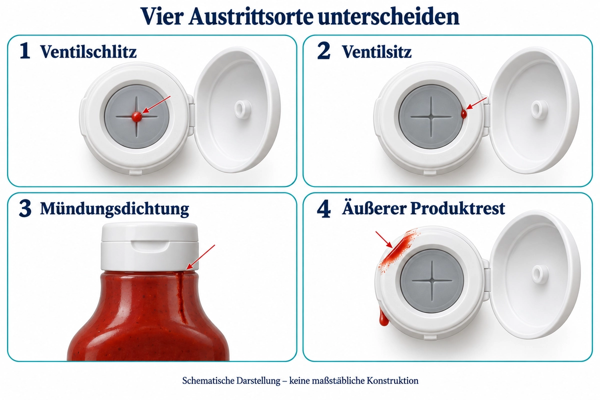 Schematische Unterscheidung von Austritt am Ventilschlitz, am Ventilsitz, an der Mündungsdichtung und äußerem Produktrest