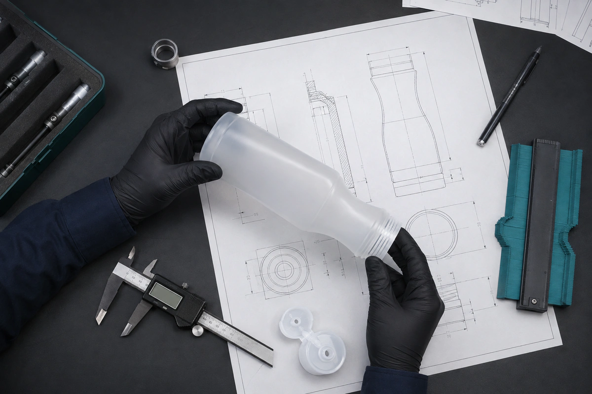 Technische Prüfung eines Saucenflaschen-Prototyps anhand von Zeichnung, Messschieber und Konturenlehre