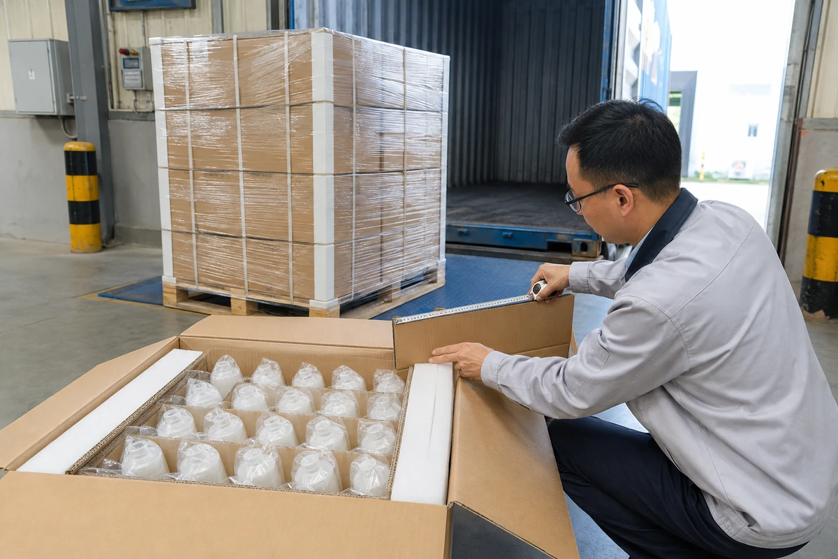 Prüfung von Exportkarton, Flaschenschutz und gesicherter Palette für den Transport leerer Saucenflaschen