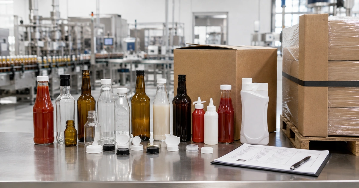 Saucenflaschen, Verschlüsse und Exportkartons für die Qualitäts- und Logistikprüfung vor dem Einkauf