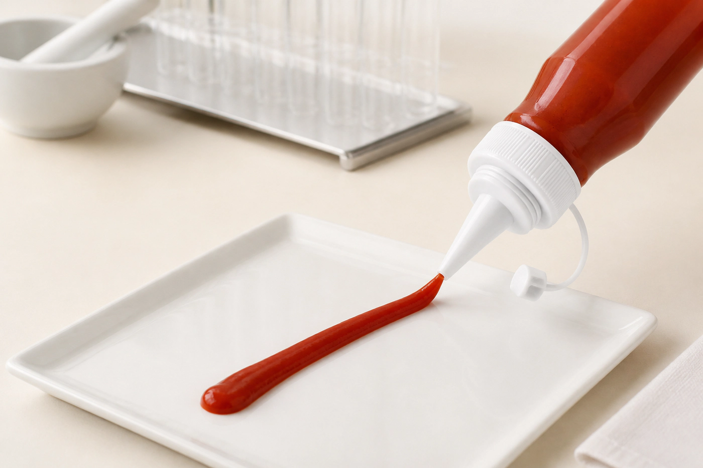 Dosiertülle erzeugt einen kontrollierten Ketchupstrahl aus einer Quetschflasche