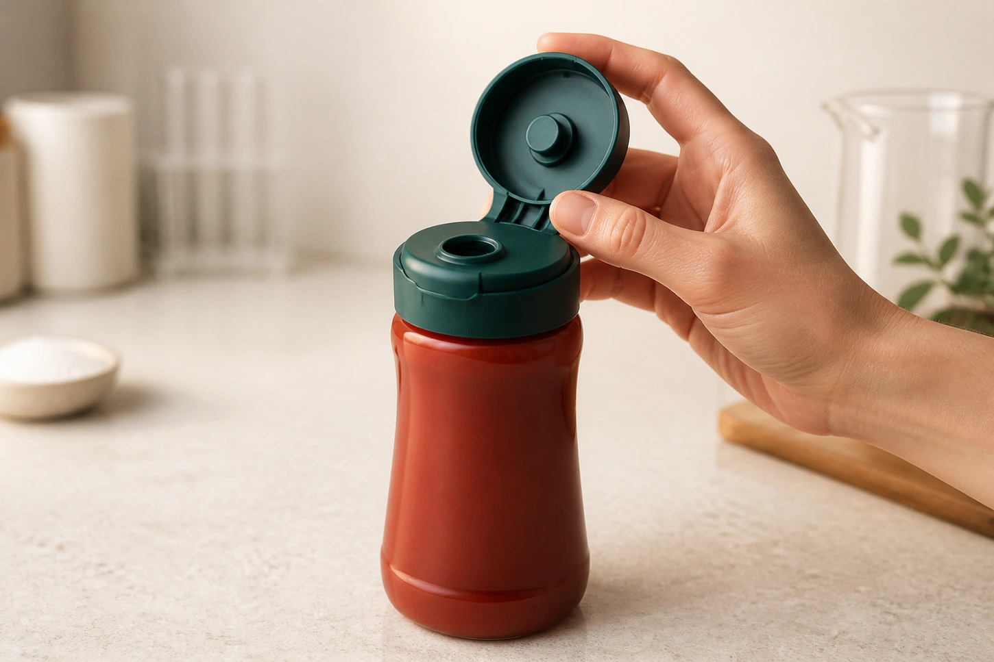 Geöffneter Flip-Top-Verschluss auf einer Saucenflasche