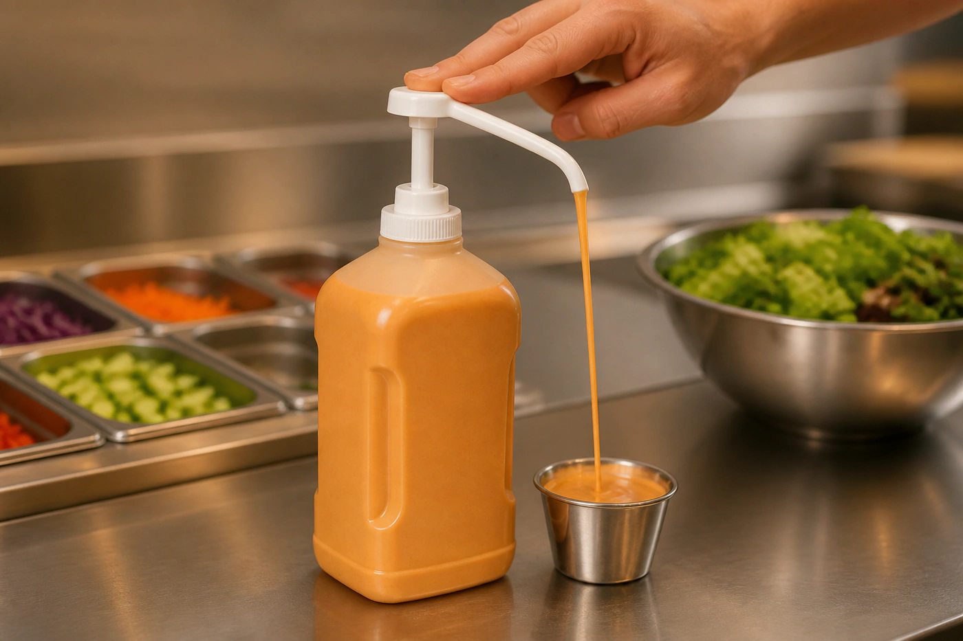 Pumpspender portioniert Dressing aus einem Gastronomiebehälter