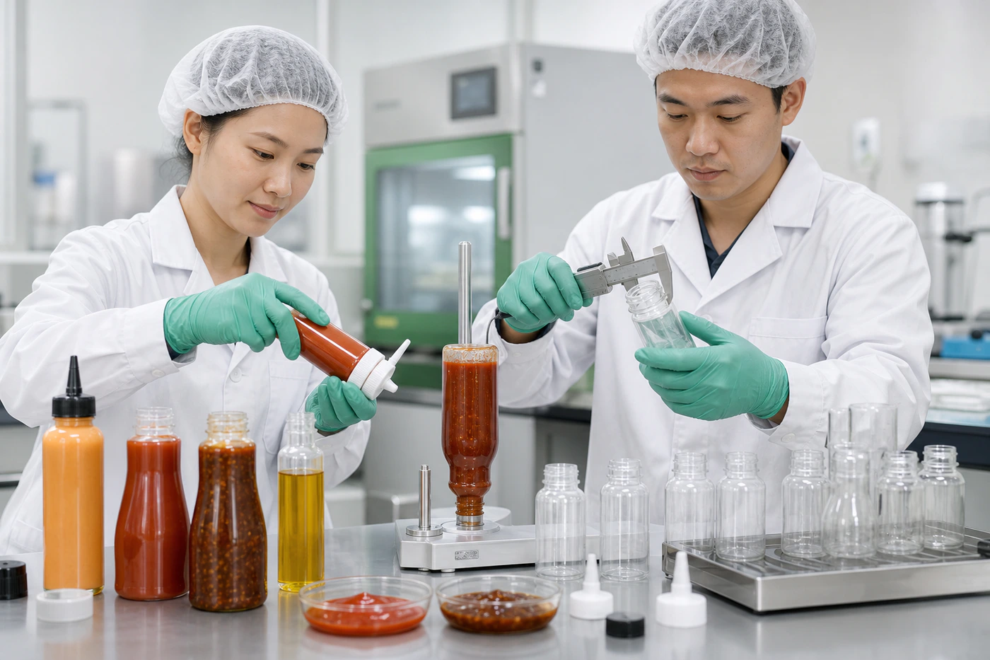 Chinesische Verpackungstechniker prüfen Saucenflaschen und Verschlüsse mit echter Sauce