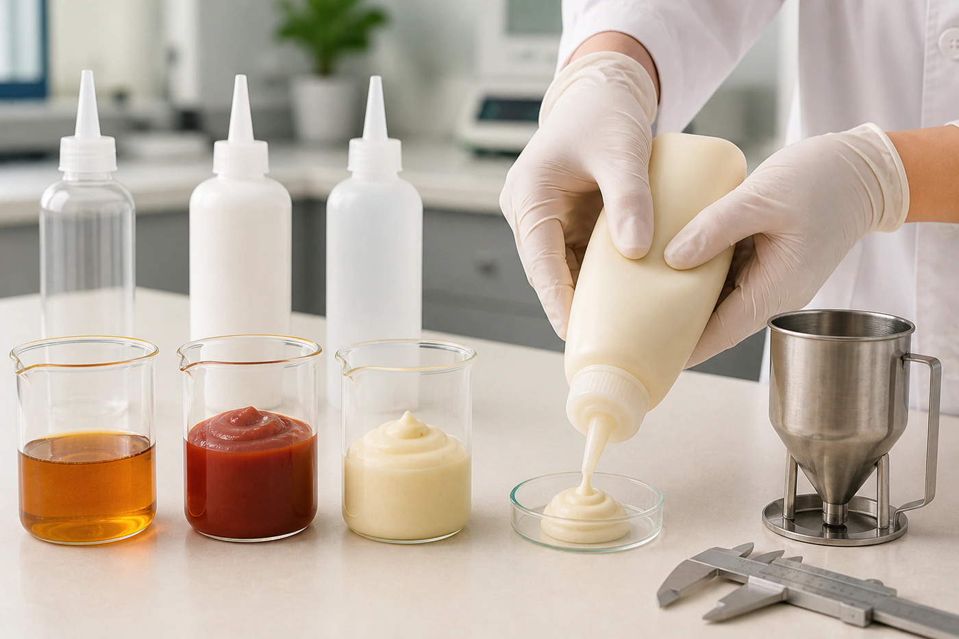Vergleich von dünnflüssiger Sauce, Ketchup und Mayonnaise bei der Dosierprüfung