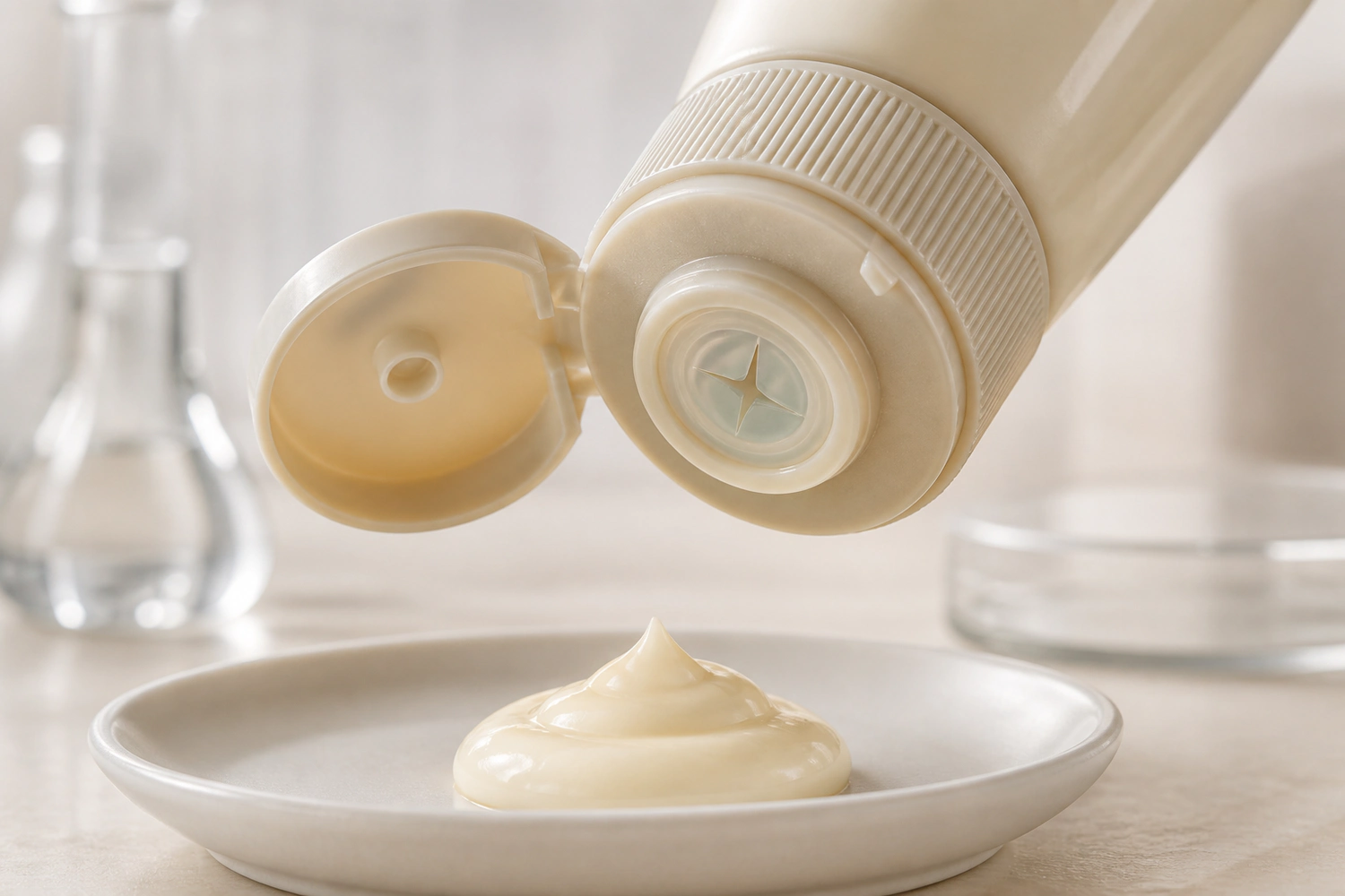 Silikonventil dosiert Mayonnaise sauber aus einer Kopfstandflasche
