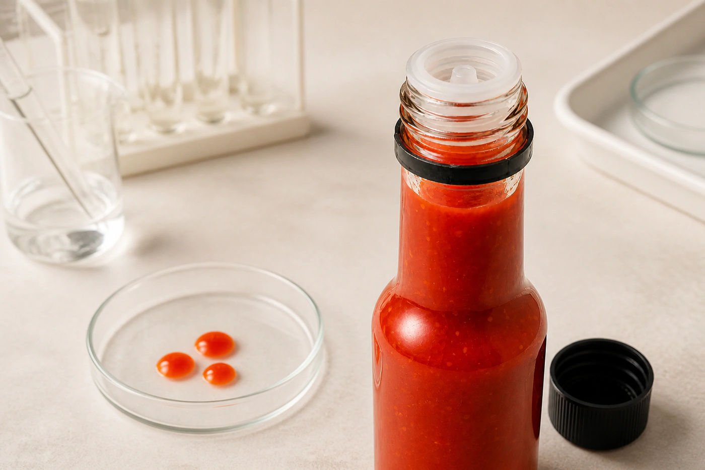 Tropfeinsatz in einer Glasflasche für die kontrollierte Dosierung von Chilisauce
