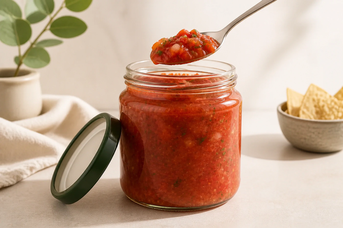 Weithalsglas mit großer Öffnung für stückige Salsa