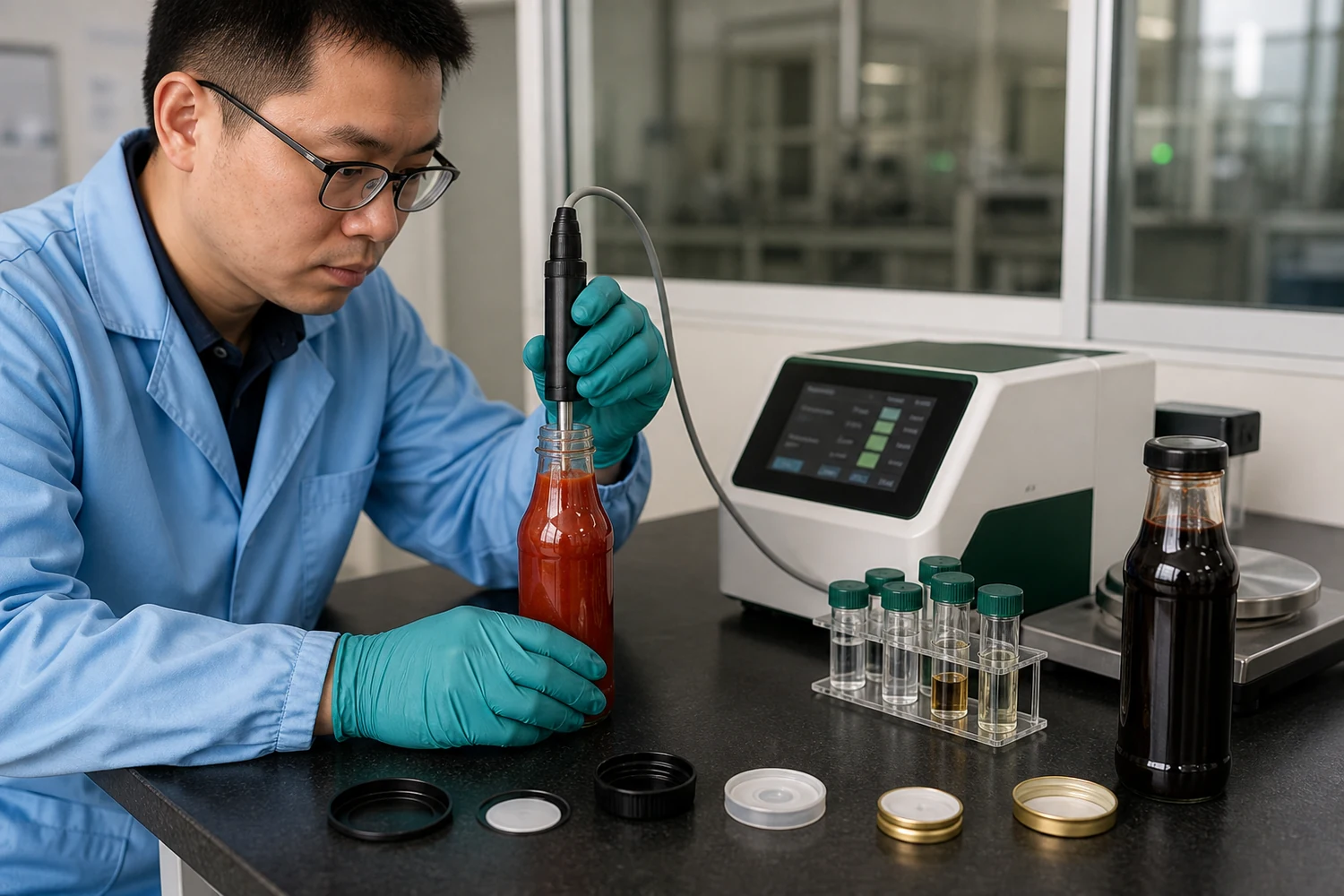 Chinesischer Verpackungstechniker prüft Kopfraumsauerstoff, Saucenflasche und Verschlusskomponenten