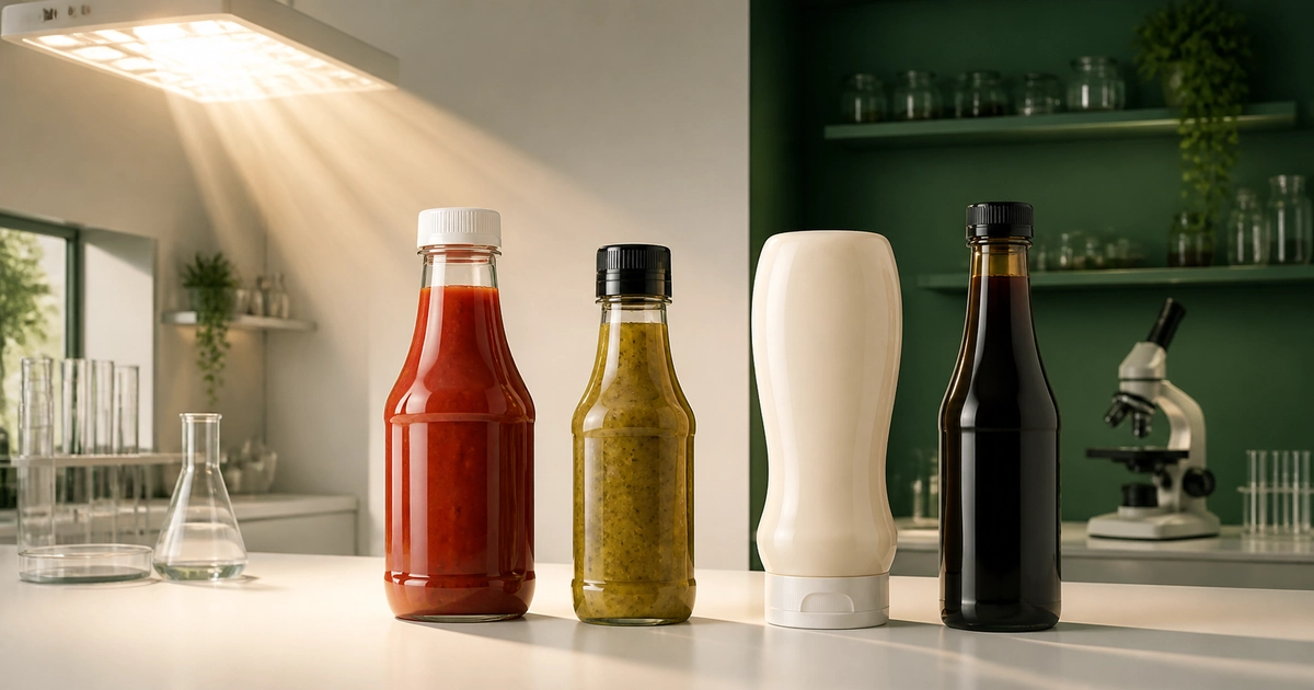 Saucenflaschen aus klarem PET, eingefärbtem Kunststoff, opakem PE und dunklem Glas im Lichtschutzvergleich
