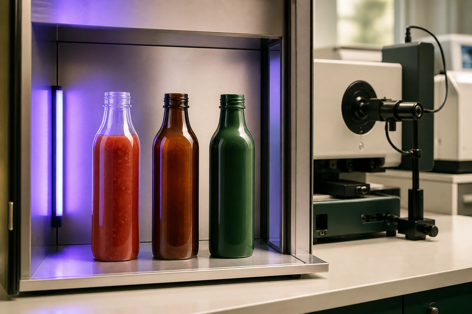 Klare, braune und opake Saucenflasche bei einer kontrollierten Lichttransmissionsprüfung