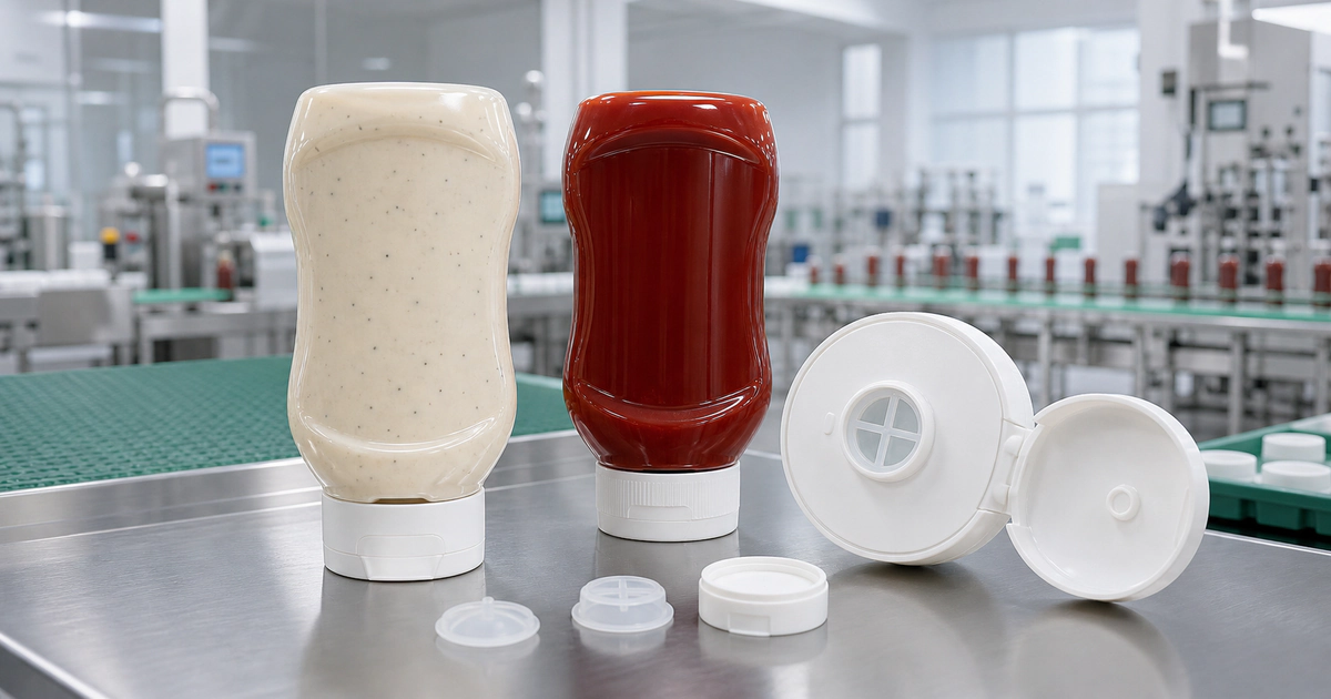 Kopfstehende Squeeze-Saucenflaschen und separate Klappverschlüsse mit Silikon-Membranventil in einer chinesischen Verpackungsfabrik