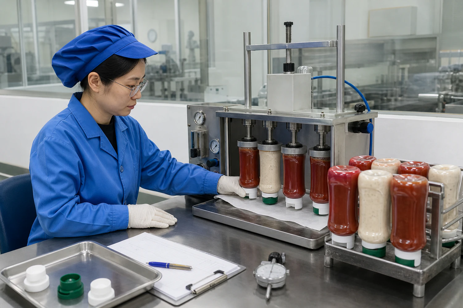Chinesische Qualitätsprüferin kontrolliert kopfstehende Saucenflaschen mit Ventilverschluss auf Dichtheit und Dosierfunktion