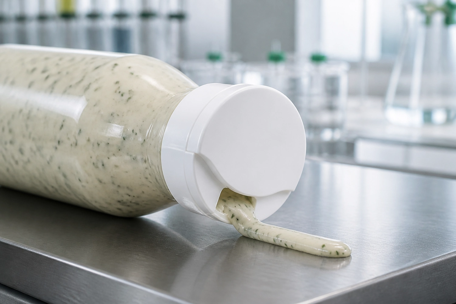 Geöffneter Disc-Top-Verschluss dosiert cremiges Kräuterdressing aus einer Kunststoffflasche