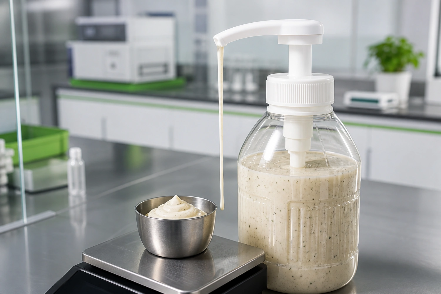 Dosierpumpe gibt eine kontrollierte Portion Dressing aus einem Foodservice-Saucenbehälter in einen Prüfbecher ab