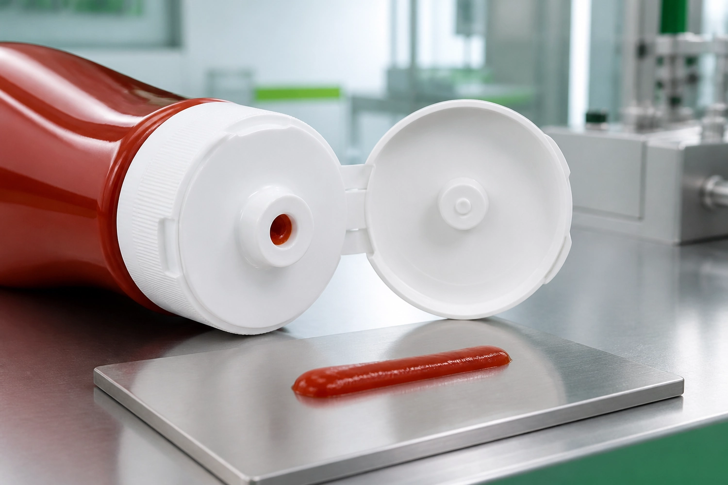 Geöffneter Flip-Top-Verschluss mit Dosieröffnung und Plug-Seal an einer Ketchup-Quetschflasche