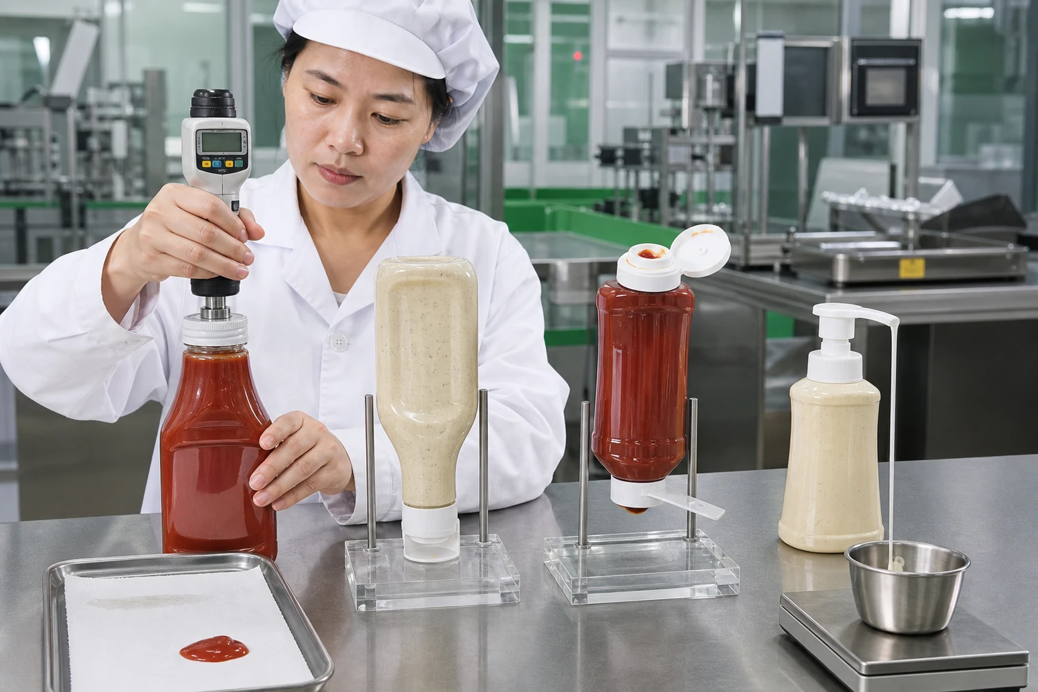 Chinesische Qualitätsprüferin kontrolliert Saucenflaschen mit Drehmomentmessgerät, Kopfstandtest und Dosierpumpe