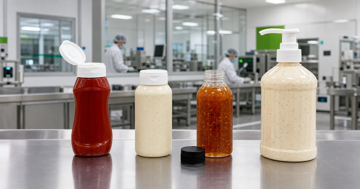 Flip-Top-, Disc-Top- und Schraubverschluss sowie Dosierpumpe auf passenden Saucenflaschen in einer Verpackungsfabrik
