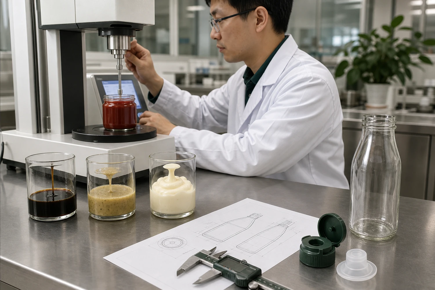Chinesischer Verpackungstechniker misst das Fließverhalten von Ketchup und vergleicht Saucenproben und Verschlüsse