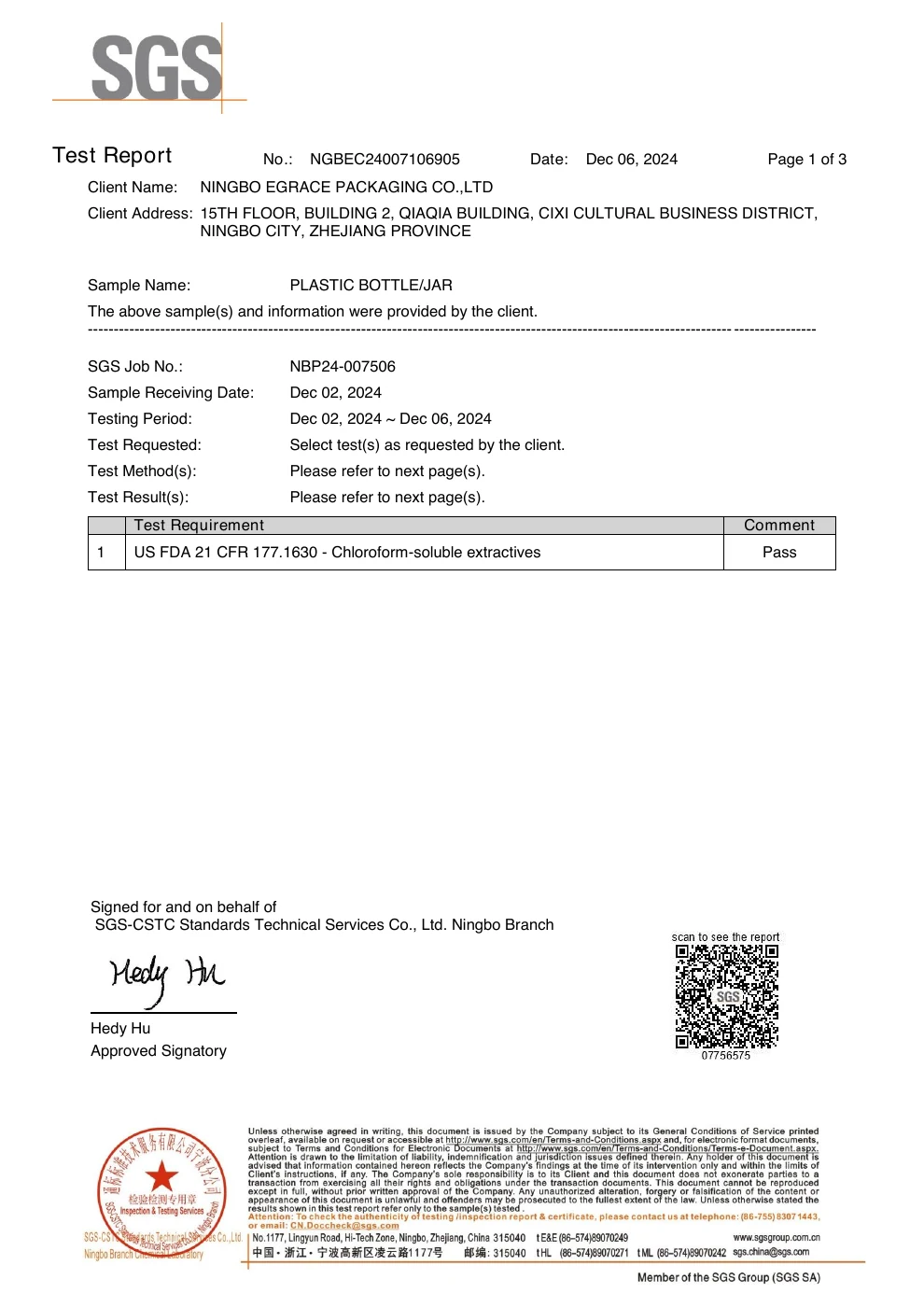 PET-Lebensmittelkontaktbericht – Seite 1 von 3