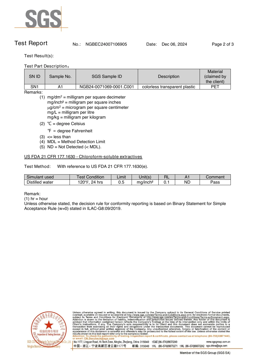 PET-Lebensmittelkontaktbericht – Seite 2 von 3